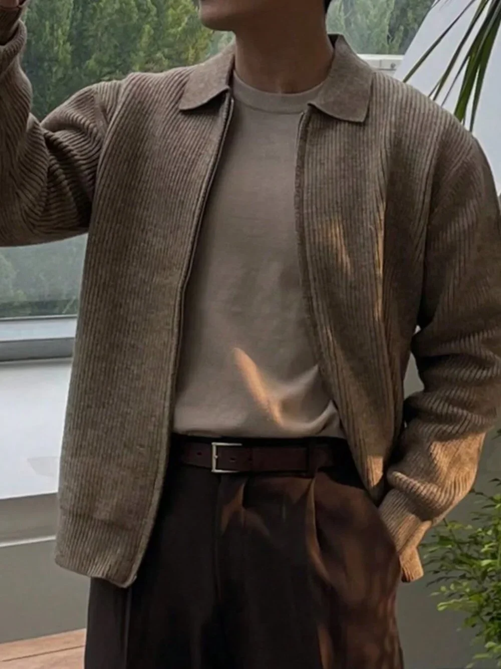 Coffee Brown Casual Men's Cardigan Sweater With Turndown Collar